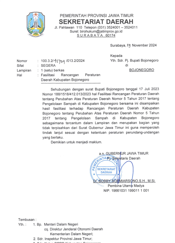 HASIL FASILITASI RANCANGAN PERATURAN DAERAH KABUPATEN BOJONEGORO TENTANG PENGELOLAAN SAMPAH DI KABUPATEN BOJONEGORO