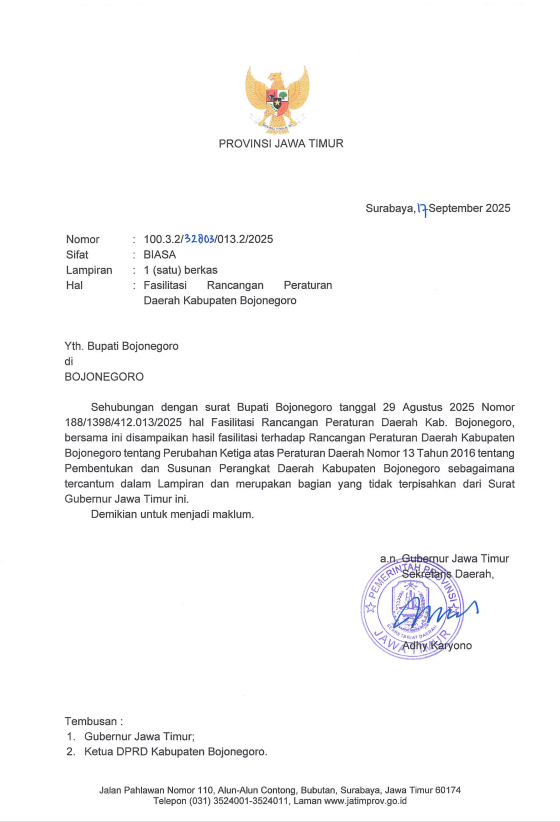 HASIL FASILITASI RANCANGAN PERATURAN DAERAH KABUPATEN BOJONEGORO TENTANG PERUBAHAN KETIGA ATAS PERATURAN DAERAH NOMOR 13 TAHUN 2016 TENTANG PEMBENTUKAN DAN SUSUNAN PERANGKAT DAERAH KABUPATEN BOJONEGORO