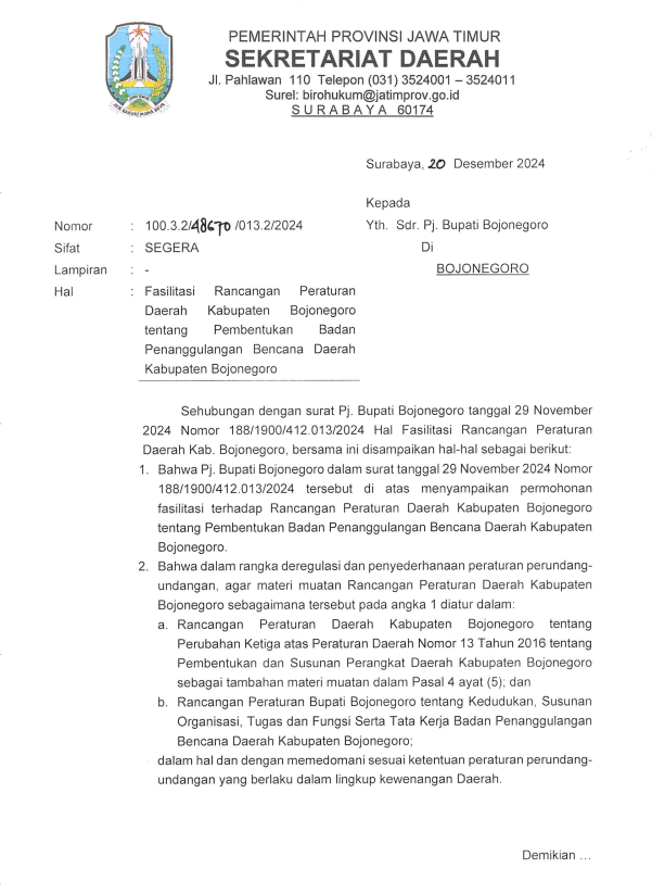 HASIL FASILITASI RANCANGAN PERATURAN DAERAH KABUPATEN BOJONEGORO TENTANG PEMBENTUKAN BADAN PENGANGGULANGAN BENCANA KABUPATEN BOJONEGORO