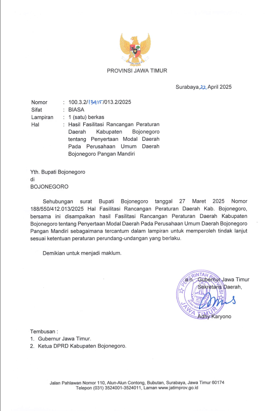 HASIL FASILITASI RANCANGAN PERATURAN DAERAH KABUPATEN BOJONEGORO TENTANG PENYERTAAN MODAL DAERAH PADA PERUSAHAAN UMUM DAERAH BOJONEGORO PANGAN  MANDIRI