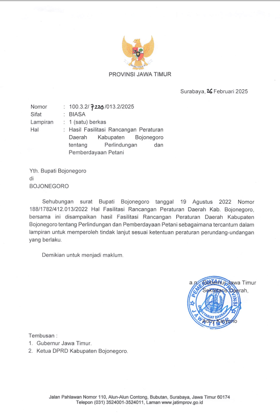 HASIL FASILITASI RANCANGAN PERATURAN DAERAH KABUPATEN BOJONEGORO TENTANG PERLINDUNGAN DAN PEMBERDAYAAN PETANI
