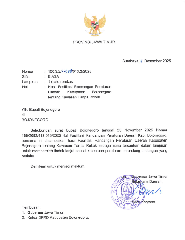 HASIL FASILITASI RANCANGAN PERATURAN DAERAH KABUPATEN  BOJONEGORO TENTANG KAWASAN TANPA ROKOK