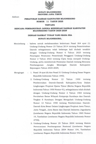 PERATURAN DAERAH KABUPATEN BOJONEGORO NOMOR 11 TAHUN 2025 TENTANG RENCANA PEMBANGUNAN JANGKA MENENGAH DAERAH KABUPATEN BOJONEGORO TAHUN 2025-2029