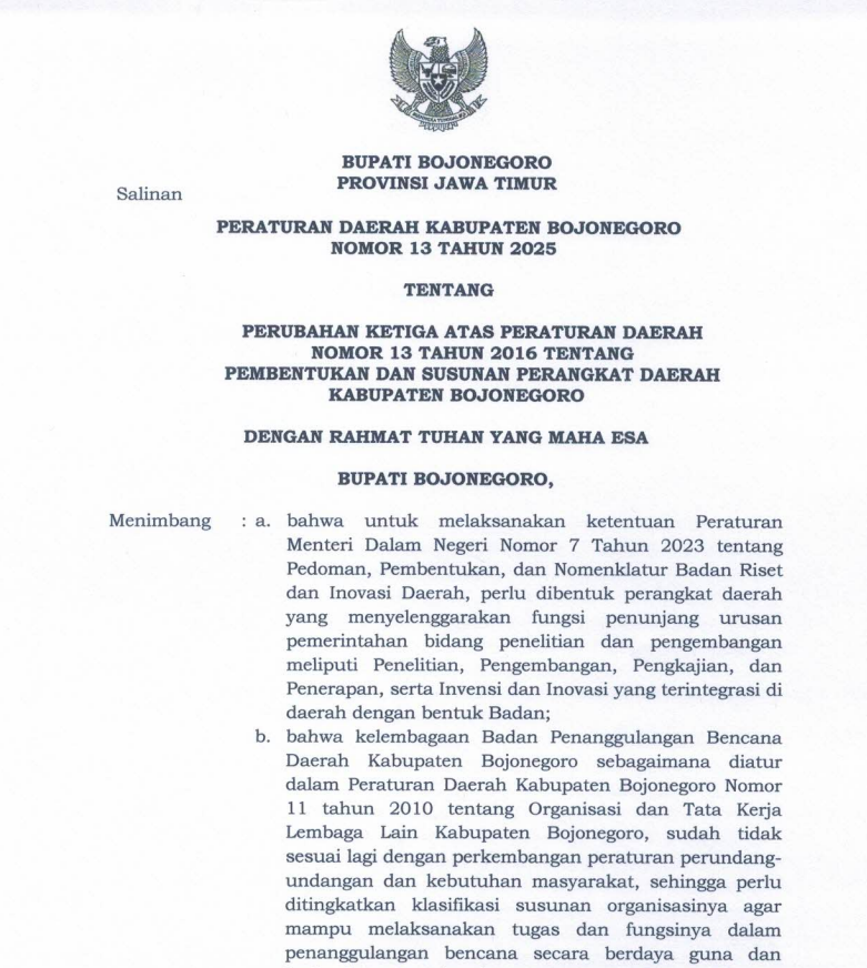 PERATURAN DAERAH KABUPATEN BOJONEGORO NOMOR 13 TAHUN 2025 TENTANG PERUBAHAN KETIGA ATAS PERATURAN DAERAH NOMOR 13 TAHUN 2016 TENTANG PEMBENTUKAN DAN SUSUNAN PERANGKAT DAERAH KABUPATEN BOJONEGORO