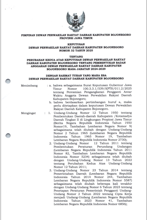 PERUBAHAN KEDUA ATAS KEPUTUSAN DPRD KAB BOJONEGORO TENTANG PEMBENTUKAN BADAN ANGGARAN DPRD KAB BOJONEGORO MASA JABATAN 2024-2025