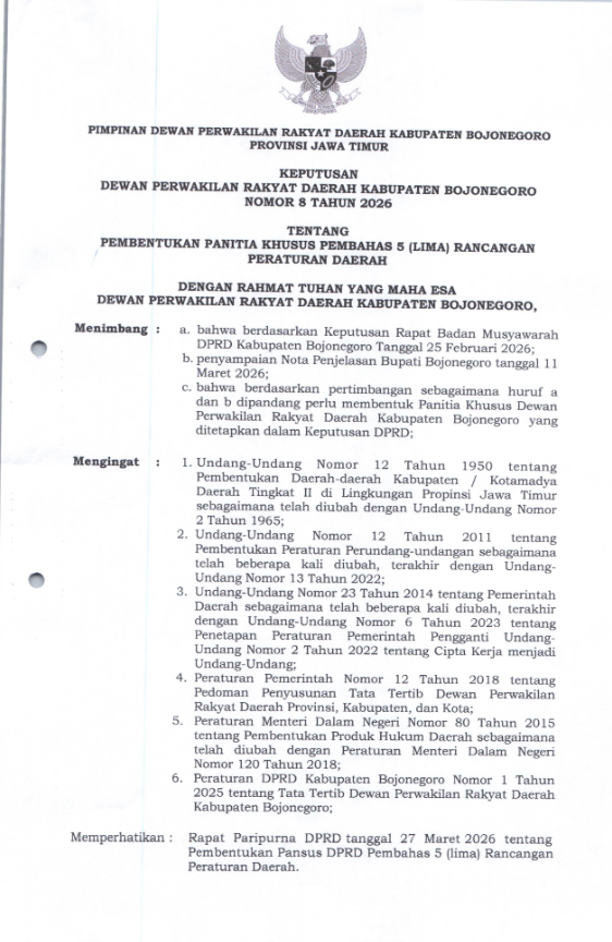 KEPUTUSAN DPRD NOMER 8 TAHUN 2026 TENTANG PEMBENTUKAN PANSUS PEMBAHAS 5 (LIMA) RAPERDA