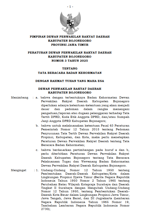 PERATURAN DPRD NOMOR 3 TAHUN 2025 TENTANG TATA BERACARA BADAN KEHORMATAN DEWAN PERWAKILAN RAKYAT DAERAH KABUPATEN BOJONEGORO