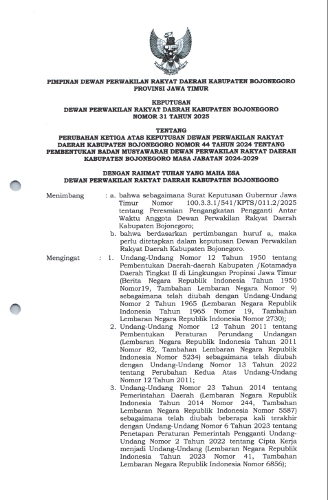 PERUBAHAN KETIGA ATAS KEPUTUSAN DPRD KAB BOJONEGORO NO 44 TAHUN 2024 TENTANG PEMBENTUKAN BADAN MUSYAWARAH DPRD KAB BOJONEGORO MASA JABATAN 2024-2029