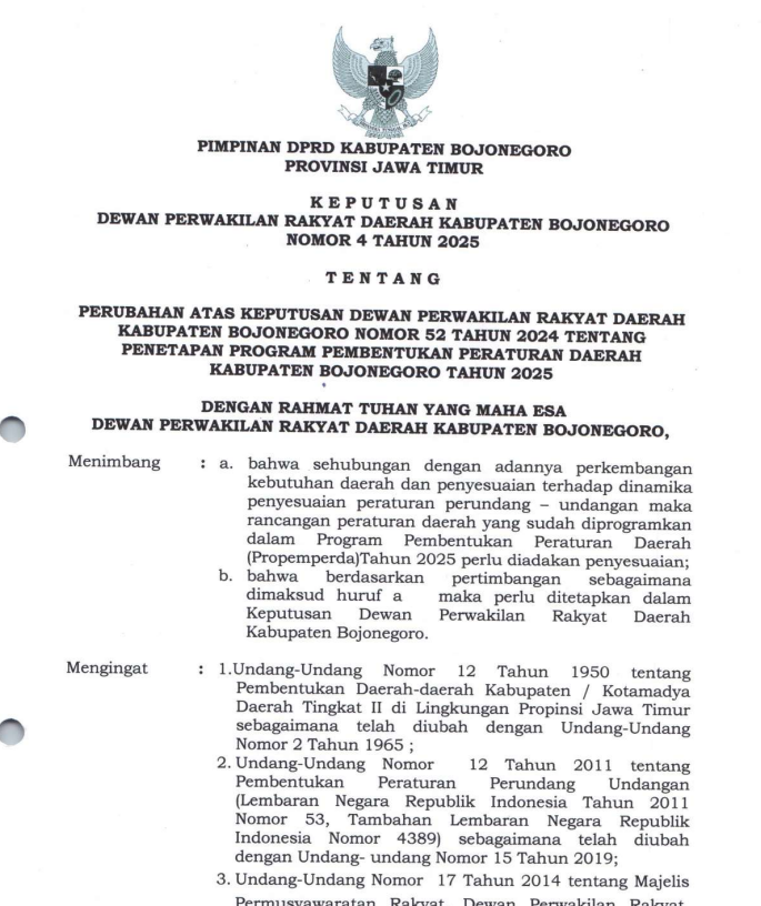 PERUBAHAN ATAS KEPUTUSAN DEWAN PERWAKILAN RAKYAT DAERAH KABUPATEN BOJONEGORO NOMOR 52 TAHUN 2024 TENTANG PENETAPAN PROGRAM PEMBENTUKAN PERATURAN DAERAH KABUPATEN BOJONEGORO TAHUN 2025
