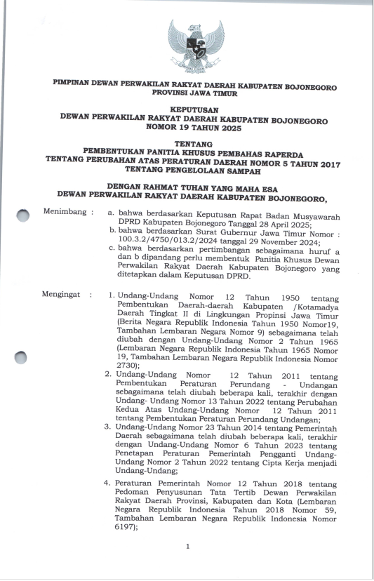 PEMBENTUKAN PANITIA KHUSUS PEMBAHAS RAPERDA TENTANG PERUBAHAN ATAS PERATURAN DAERAH NO 5 TAHUN 2017 TENTANG PENGELOLAAN SAMPAH