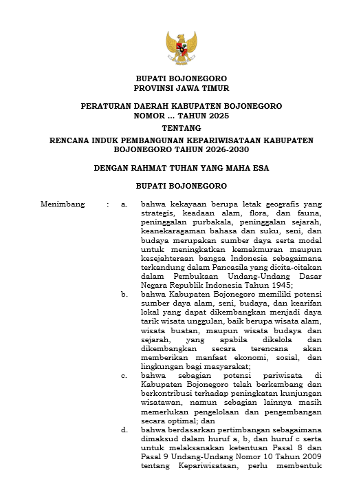 RANCANGAN PERATURAN DAERAH KABUPATEN BOJONEGORO NOMOR TAHUN 2026 TENTANG RIPPARKAB 2026-2030