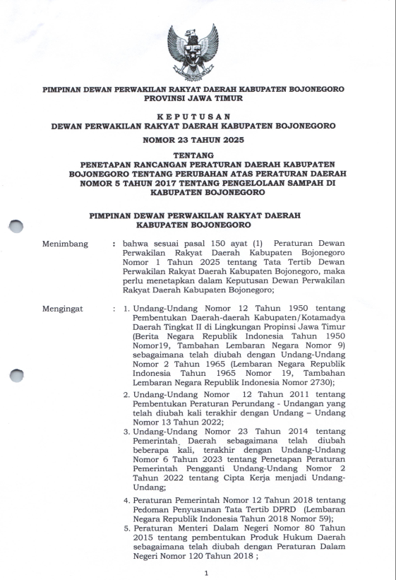 PENETAPAN RANCANGAN PERATURAN DAERAH KAB BOJONEGORO TENTANG PERUBAHAN ATAS PERATURAN DAERAH NO 5 TAHUN 2017 TENTANG PENGELOLAAN SAMPAH DI KABUPATEN BOJONEGORO