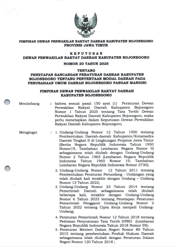 PENETAPAN RANCANGAN PERATURAN DAERAH KABUPATEN BOJONEGORO TENTANG PENYERTAAN MODAL DAERAH PADA PERUSAHAAN UMUM DAERAH BOJONEGORO PANGAN MANDIRI