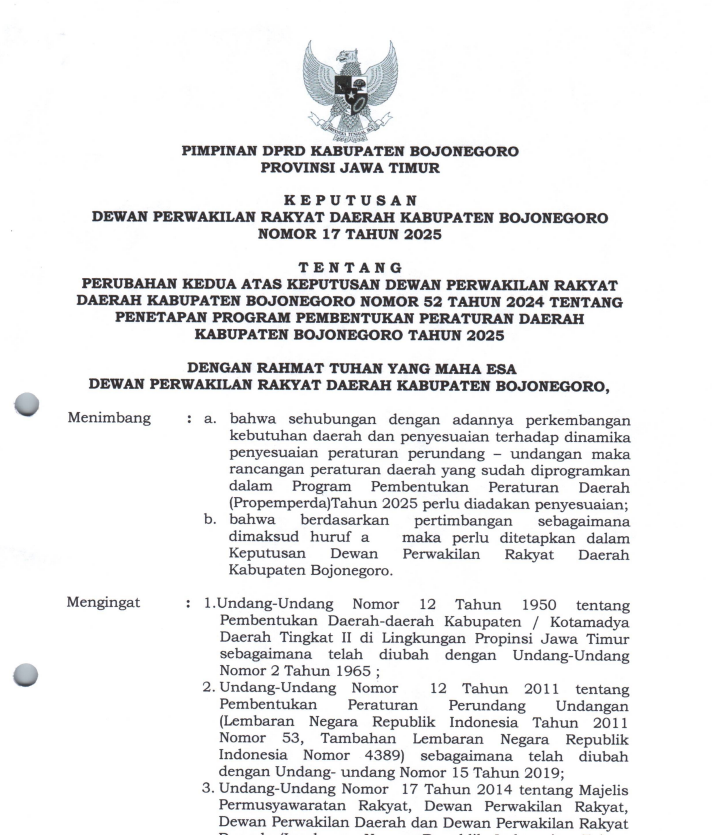 PERUBAHAN KEDUA ATAS PROPEMPERDA KABUPATEN BOJONEGORO TAHUN 2025
