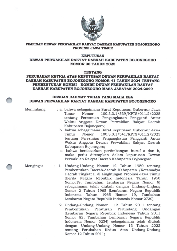 PERUBAHAN KETIGA ATAS KEPUTUSAN DPRD KAB BOJONEGORO NO 41 TAHUN 2024 TENTANG PEMBENTUKAN KOMISI - KOMISI DPRD KAB BOJONEGORO MASA JABATAN 2024-2029