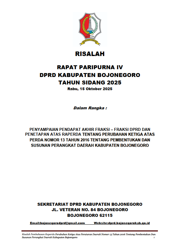 PENYAMPAIAN PA FRAKSI DPRD & PENETAPAN TERHADAP RAPERDA PERUBAHAN & SUSUNAN PERANGKAT DAERAH KAB BOJONEGORO