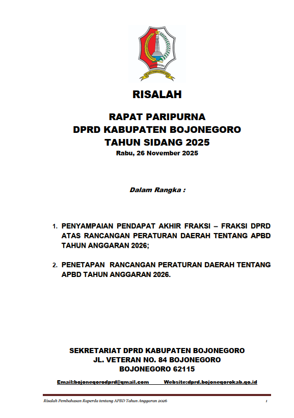 PENYAMPAIAN PA FRAKSI-FRAKSI DPRD ATAS RAPERDA APBD TAHUN ANGGARAN 2026 & PENETAPAN RAPERDA APBD TAHUN ANGGARAN 2026