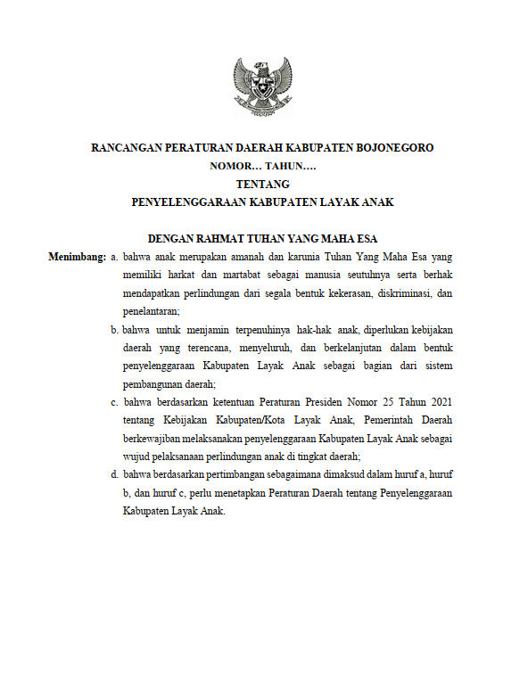 RANCANGAN PERATURAN DAERAH KABUPATEN BOJONEGORO NOMOR TAHUN 2026 TENTANG PENYELENGGARAAN KABUPATEN LAYAK ANAK